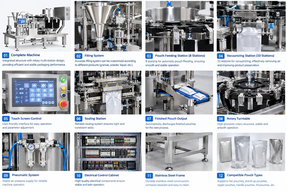 Automatic Rotary Premade Pouch Packing Machine with 55 bags/min Speed, 10-Station Vacuumizing, and 120–300 mm Pouch Length