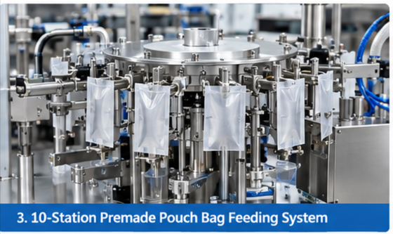 Automatic Premade Pouch Vacuum Packing Machine with 10-Station Bag Feeding and 12-Station Vacuum System